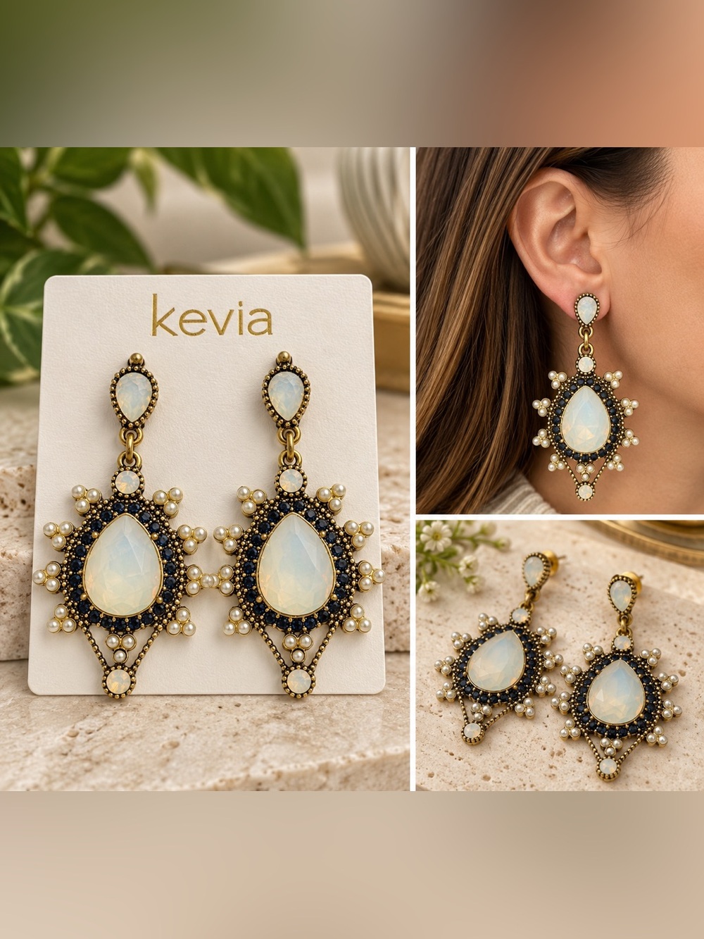 NWT Kevia Opalescent Crystal Pearl Statement Drop Earrings